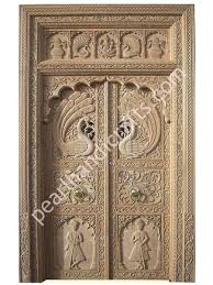 Peacocks Design Wooden Double Doors For Home