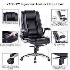 Vanbow High Back Leather Office Chair Adjustable Tilt Angle And Flip Up Arms Executive Computer Desk Chair Thick Pad Leather Office Chair Office Chair Chair