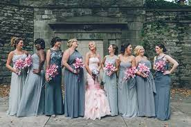Great Mismatched Bridal Party Blush Pink Wedding Dress Grey Bridesmaids Bridesmaid