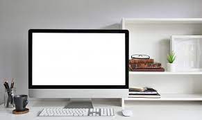 Workspace Mockup Computer On Office Desk And Books Photo Frame And Books On Shelves Work Space Mockup Desk Frame Desk