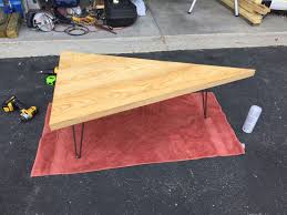 How To Build A Triangle Coffee Table With Hairpin Legs Revival Woodworks Triangle Coffee Table Coffee Table Diy Coffee Table