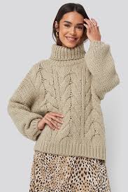 Browse the latest styles in women's basics. Wool Blend High Neck Heavy Cable Knitted Sweater Beige Na Kd Com