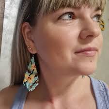 Turquoise Bead Earrings Bohemian Beaded Earrings Flowers Fringe Earrings  Daisy Beaded Earrings Beaded Boho Jewelry Beige Flower Abstract