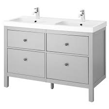 Measuring about 25 inches wide and 36 inches high, it can fit into a small corner and make room for storage, too. Hemnes Odensvik Bathroom Vanity Gray Ikea
