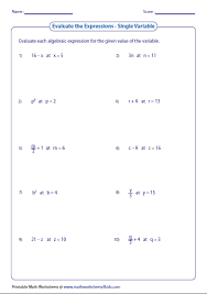 Evaluating Algebraic Expression Worksheets Evaluating Expressions Evaluating Algebraic Expressions Algebraic Expressions