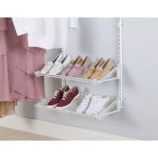 W white wood closet system with both shelf space and hanging space, with both shelf space and hanging space, the closetmaid selectives 25 in. Rubbermaid 26 Inch 2 Pack Shoe Shelves For Closet Organizer Kit In White Bed Bath Beyond