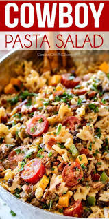 Up Close Of Cowboy Pasta Salad With Ground Beef Black Beans Corn Tomatoes And Barbecue Sauce In A Metal Bowl Best Pasta Salad Pasta Salad Salad Recipes