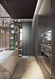 Luxurious Modern Apartment Kitchen White Marble Block Kitchen Island With Dark Wo Modern Kitchen Apartment Kitchen Decor Apartment Apartment Interior Design