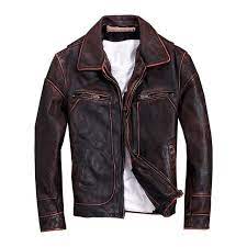 Style Men Plus Size Genuine Leather Jacket Fashion Motor Biker Coat Vintage Slim Cowhide Jackets Cool Leather Jacket Style Leather Jacket American Casual