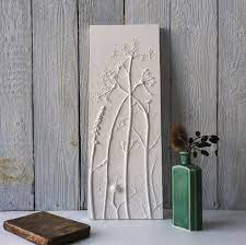 Plaster Cast Relief Tile With Cow Parsley Rose Hip Budlia Honeysuckle Wall Plaques Flower Tile Tile Art