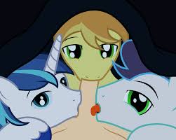 913861 - explicit, artist:badumsquish, derpibooru exclusive, braeburn,  shining armor, soarin, human, pony, g4, bed, bedroom eyes, blanket,  blowjob, braebetes, cock kissing, cock worship, cute, cute porn, eye  contact, gay, high res, human