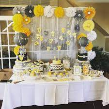 Use a lace tablecloth, and serve several dishes in tea party fashion. Dogum Gunu Baby Shower Yellow Unisex Baby Shower Baby Shower Themes Neutral