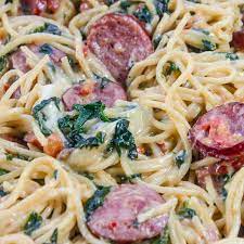 Sausage Spaghetti With White Sauce Recipe Yummly Recipe Sausage Spaghetti Sausage White Sauce Pasta