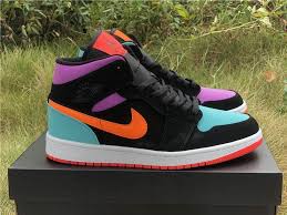 White Black Pink Green Jordan 1 Nike Air Jordan 1 Mid Black Multi Color Reflective Black Purple Green Nike Air Jordan 1 Mid Black Multi Color In 2020 Jordan Shoes Girls Nike Jordans Women Air Jordans