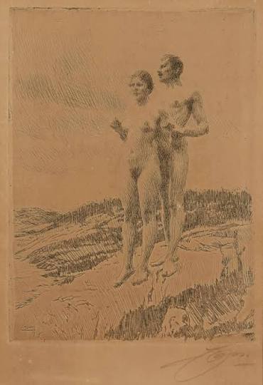 Lot - Anders Zorn (1860-1920), "The Two," 1916, Etching on paper, Plate: 7.75" H x 5.75" W