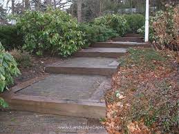 Increasingly, railroad ties are being used in combination with brick, sand, concrete, large rocks or gravel to create modern landscaping designs that have both a traditional and contemporary feel. Old Railroad Tie Retaining Steps Railroad Ties Landscaping Landscape Timber Steps Landscape Timber