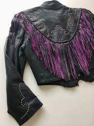 Black Leather And Purple Fringe Jacket Leather Gallery Size M Fringe Leather Jacket Fringe Jacket Leather Coat Jacket