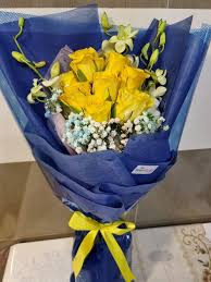 Blue and yellow flowers bouquet. Yellow Roses Flower Bouquet Hobbies Toys Stationery Craft Flowers Bouquets On Carousell