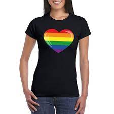 Dat is de regenboogvlag met aan de zijkant een driehoek in vijf kleuren. Gay Pride T Shirt Regenboog Vlag In Hart Zwart Dames Fun En Feest