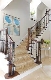Jute stair runner install ideas, title: Staircase With Diamond Jute Runner And Turquoise Sea Fan Art Cottage Entrance Foyer