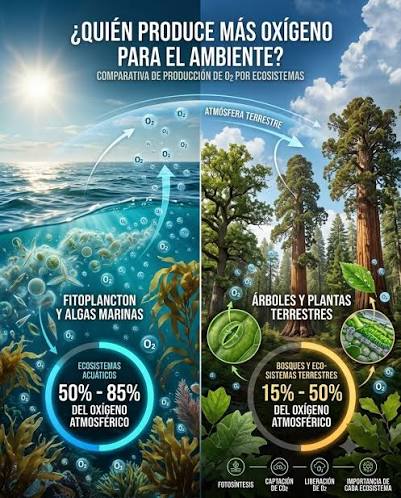 Las algas marinas, especialmente el fitoplancton oceánico, son responsables  de producir entre el 50 % y el 80 % del oxígeno atmosférico del planeta  mediante el proceso de fotosíntesis. Aunque los bosques
