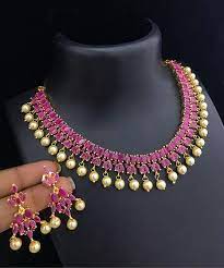 Indian Designs 22 Karat Gold Wedding Party Wear Choker Necklace Pink Ruby Marquise Sto Ruby Necklace Designs American Diamond Jewellery Real Diamond Necklace