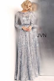 Silver Embellished Long Sleeve Evening Gown Jvn Silver Formal Silver Evening Gowns Long Sleeve Evening Gowns Evening Gowns With Sleeves