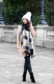 New $98 j crew 100% cashmere scarf camel. Camel Coat Outfit Winter Chic Outfit Pom Pom Beanie Plaid Scarf Petite Fashion Blog Just A Tina Bit