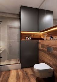 Bathroom Designs For Small Spaces Wooden Floor Black Wall Glass Door Toilet Bowl Shelf Led Light Bathroom Interior Design Bathroom Design Bathroom Layout
