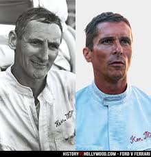 Ford driver Ken Miles is pictured at Le Mans in 1966 and as depicted by  Christian Bale in the movie 'Ford v Ferrari'. Ken Miles, a British driver  and racing engineer, was