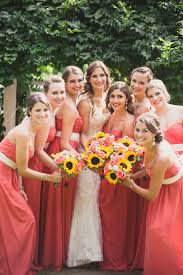 Bridal Party Bouquets Of Sunflowers And Pink Roses Bright Coral Bridesmaid Dresses Strap Yellow Bridesmaids Coral Bridesmaid Dresses Sunflower Themed Wedding