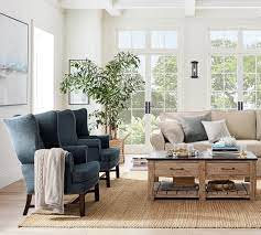 Pottery barn lorraine tufted armchair kalua linen. Thatcher Upholstered Wingback Chair Pottery Barn