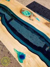 Wolin Turquoise Eye Live Edge River Coffee Table With Glowing Resin Fillin And Wooden Legs Crystal Clear Epoxy Resin Turquoise Eyes Resin Table