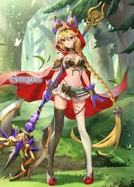 evertale, artist request, highres, official art, 1girl, arm at side,  asymmetrical legwear, axe, battle axe, black thighhighs, blonde hair, bow,  braid, breasts, bug, butterfly, cape, closed mouth, collar, copyright name,  day, forest,