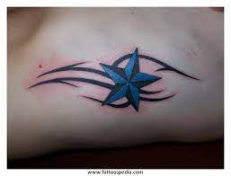 It has a large star surrounded by other smaller ones. Black And Blue Nautical Star Tattoo For Men