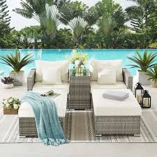 All Weather 5 Piece Rattan Sofa Seating Group With Cushions In 2020 Pool Furniture Layout Pool Furniture Patio Chaise Lounge