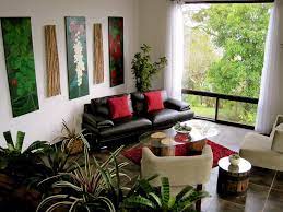 Living Room Black Leather Sofa With Red Sofa Cushion Also Glass Coffee Table And Carpet Be Living Room Plants Living Room Plants Decor Simple Living Room Decor