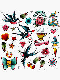 Old School Tattoo Stickers Of Swallows Diamonds Heart Rose Anchor Sticker By Kanae19 Old School Tattoo Designs Retro Tattoos American Traditional Tattoo