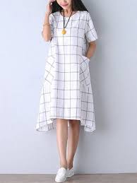 Casual Women Check Pocket Knee Length Cotton Linen Dress Linen Dress Women Knee Length Dresses Casual Casual Frocks