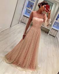 Long Sleeve Pink Prom Dresses 2020 Vestido De Festa De Longo Peals Beaded A Line Elegant Luxury Prom Gown For Women Prom Dresses Long With Sleeves Prom Dresses With Sleeves Prom