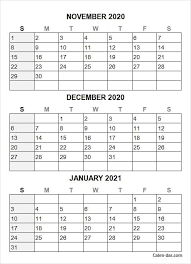 Nov Dec 2020 Jan 2021 Calendar To Print Printable Calendar 2020 In 2020 Excel Calendar Print Calendar 2021 Calendar