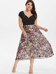 Gamiss Big Size 5xl Tropical Floral A Line Dress Summer V