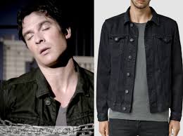 Season 4 | episode 7. The Vampire Diaries Season 7 Episode 8 Damon S Black Denim Jacket Shop Your Tv Black Denim Jacket Vampire Diaries Outfits Denim Jacket