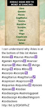 What sign is the least favorable to a meeting, for the beginning of a love story, or the start of a company, of a working collaboration between aries, taurus, gemini, cancer, leo, virgo. Zodiac Signs Best To Worst At Dancing Libra Gemini Pisces Sagittarius Taurus Aquarius Scorpio Leo Virgo Capricorn Cancer Fi åŽ„ E Ariesgcom Httpszodiacthingcom I Can Understand Why Aries Is At The Bottom