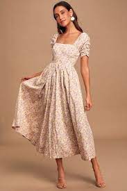 Shes A Dream Cream Floral Print Puff Sleeve Midi Dress Puff Sleeve Midi Dresses Floral Print Midi Dress Fashion Dresses
