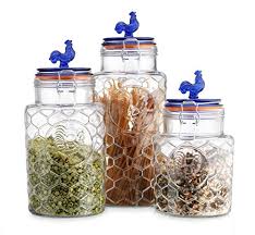 Get the best deal for clear glass kitchen canister sets from the largest online selection at ebay.com. Country Kitchen Rooster Canisters Set Of Three 3 Round Clear Glass Hermetic Sealed Airtight With Locking Clamps Kitchen Jars Set With Blue Lid Embossed Rooster Food Storage Containers Blue Top