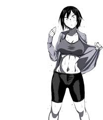 takano hitomi, hitomi-chan wa hitomishiri, highres, 1girl, abs, bike  shorts, black hair, breasts, female focus, greyscale, hot, jacket, large  breasts, midriff, monochrome, open clothes, open jacket, short hair, solo,  solo focus, sports