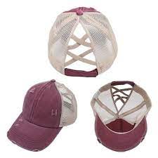 Women S Distressed Washed Trucker Hat With Criss Cross Back Ponytail Messy Bun Cap In 2021 Ponytail Baseball Cap Womens Baseball Cap Baseball Cap
