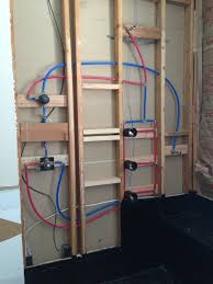 Finished Shower Plumbing With Pex Tubing A Shower Head Three Body Jets And A Wand Shower Plumbing Diy Plumbing Shower Heads
