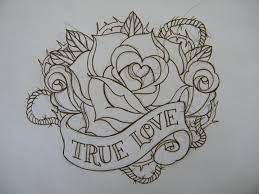 Love banner and rose tattoo design. Black Outline Rose With True Love Banner Tattoo Design